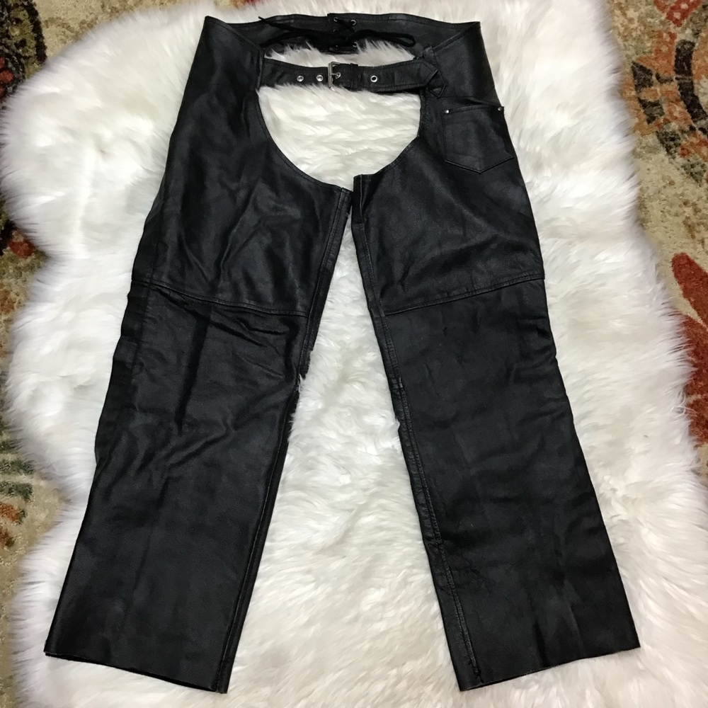 Event Leather Black Motorcycle Chaps Zip Sides Snap Bottoms Pocket